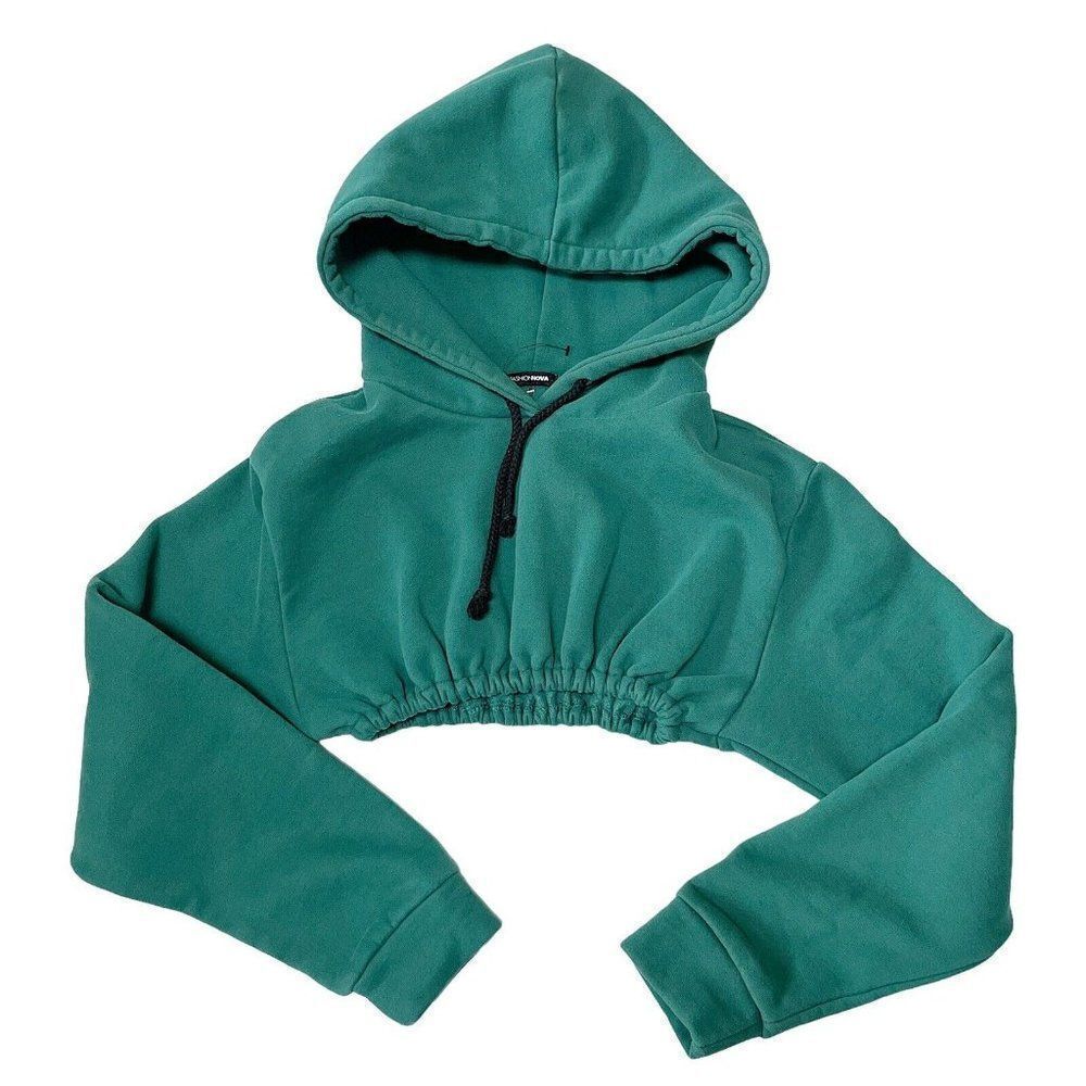 Fashion Nova teal cropped elastic waist pullover hooded sweatshirt size XS